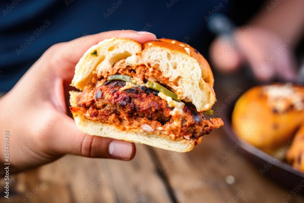 Poster hand holding bun stuffed with barbecued sausages