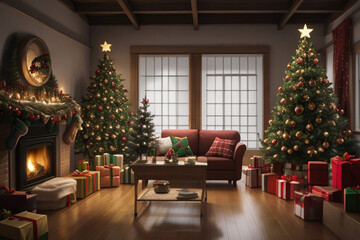 Fototapeta na wymiar 3d render of a living room interior with a Christmas tree and presents.