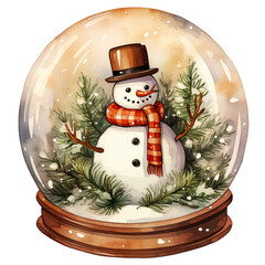 Watercolor Vintage Christmas in Cozy Winter House and Snowman in a Snow Globe Festive Watercolor Clipart for Holiday Decorations, isolated On A White Background