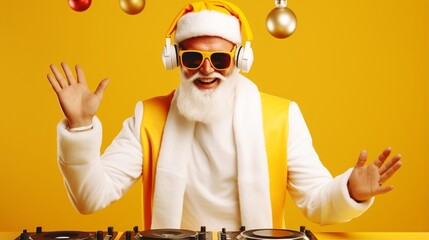Nightclub invite on christmas party celebration funky crazy santa claus DJ in white headset sing...