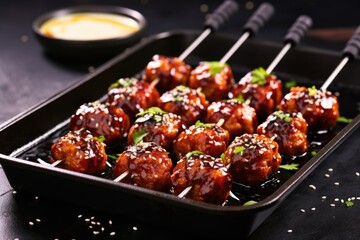bbq meatball skewers on a black grilling pan - obrazy, fototapety, plakaty