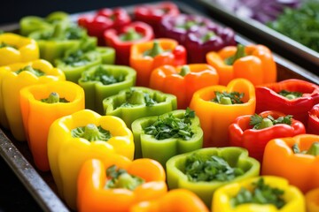 rainbow of bell peppers stuffed, ready for grilling