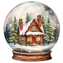 Watercolor Vintage Christmas in Cozy Winter House Snow Globe Festive Watercolor Clipart for Holiday Decorations, isolated On A White Background