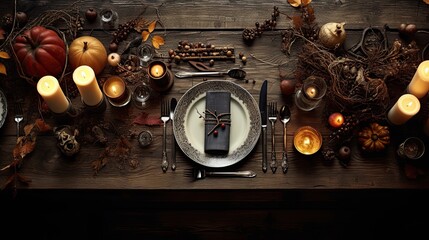 Gothic-inspired spread of antique silverware and candles, surrounded by autumn leaves on a dark wooden table - obrazy, fototapety, plakaty