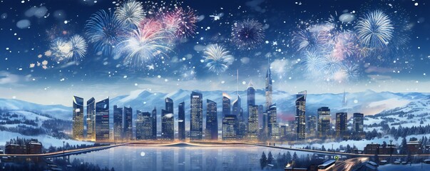 Happy new year snowy city with fireworks Generative AI