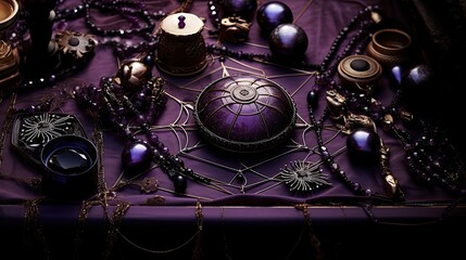 Lavish arrangement of deep purple amulets, dark chocolates, and spider webs against a luxurious satin