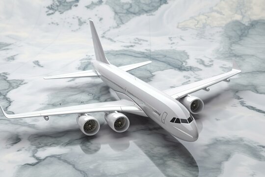 Gray airplanes on marble with a travel concept. 3D rendered image. Generative AI