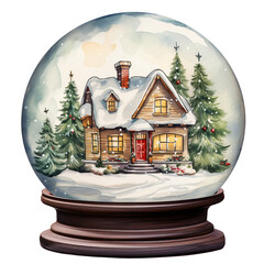 Watercolor Vintage Christmas in Cozy Winter House Snow Globe Festive Watercolor Clipart for Holiday Decorations, isolated On A White Background
