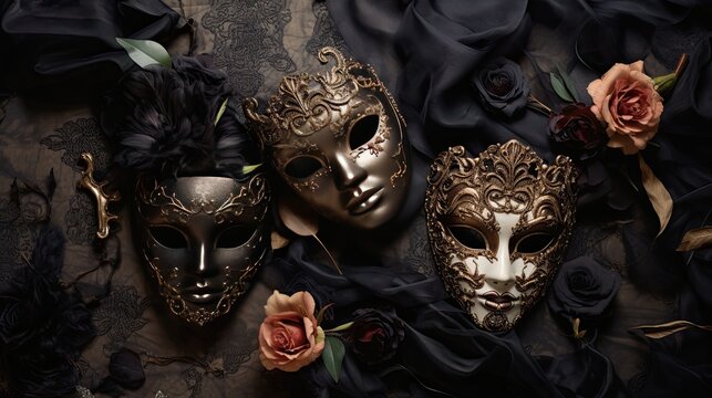 Vintage flat lay of ornate masks, lace gloves, and dark roses on an aged parchment surface