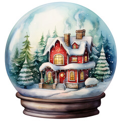 Watercolor Vintage Christmas in Cozy Winter House Snow Globe Festive Watercolor Clipart for Holiday Decorations, isolated On A White Background