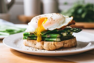 a breakfast sandwich with a poached egg and asparagus - obrazy, fototapety, plakaty