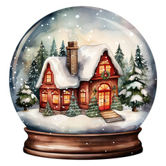 Watercolor Vintage Christmas in Cozy Winter House Snow Globe Festive Watercolor Clipart for Holiday Decorations, isolated On A White Background