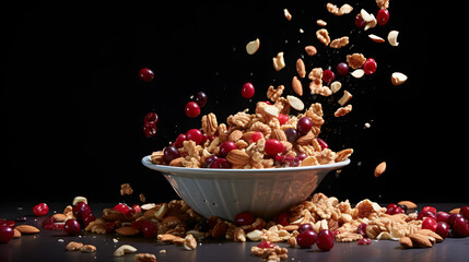 A bowl filled with cereal nuts and cranberries flying