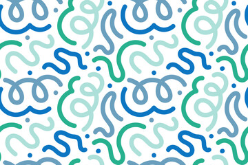 Seamless pattern of colorful abstract squiggles print, scribble spiral and wavy lines. retro 80s memphis style