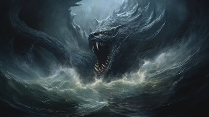 Charybdis a Greek sea monster causes chaos and destruction in the ocean. Illustration of a deadly whirlpool from inside. Fantasy art of a mystical shipwreck in a whirlpool storm. - obrazy, fototapety, plakaty