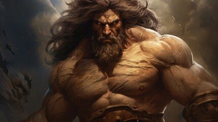 Painting of Hercules a brutal, muscular male, with a beard, the Greek hero. Olympian legendary fighter, Hercules, illustration. Art of an ancient mythological male fighter, portrait. - obrazy, fototapety, plakaty