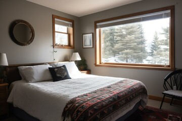 Bedroom with window, snowy mountain view, table lamp. Generative AI