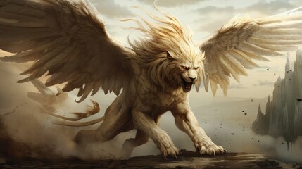 Art of a beautiful myth monster, winged lion, Half lion, half Eagle. Fierce flying monster, guardian. Illustration of a fantasy Greek animal. Art of a mythological mythical Greek creature.