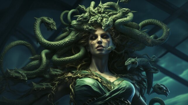 Illustration of Medusa a gorgon. A beautiful woman with green snakes on her head. Greek Mythological woman with venomous snake hair. Portrait painting of Gorgo, scary beast.