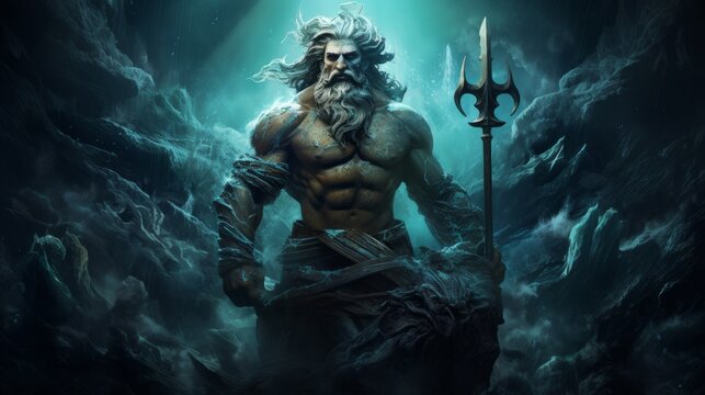 Painting of Poseidon a brutal male god with a trident, the Greek god Poseidon. Olympian god of Sea and underwater, Poseidon, illustration. Art of an ancient mythological male god, portrait.