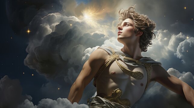 Painting of a beautiful male god, the Greek god Apollo. Olympian god of archery and poetry, Apollon, illustration. Art of an ancient mythological male god, portrait.