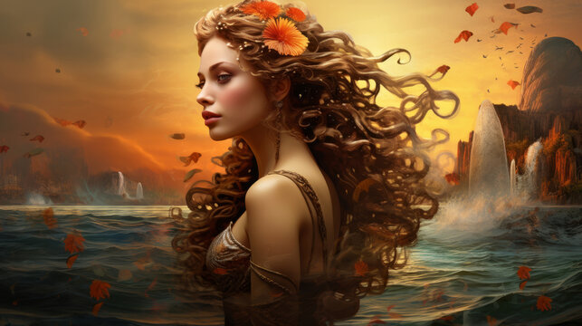 Painting of a beautiful woman, the Greek goddess Aphrodite. Olympian god of sexual love and beauty, aphrodite, illustration. Art of an ancient mythological female goddess with flowers.