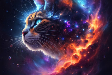 Illustration of a Cat in Space Nebula with Glowing Galaxy Universe Background. Esoteric and Wild Animal Concept Design for Poster, Banner, Invitation, Greeting Card or Cover. Ai Generated.