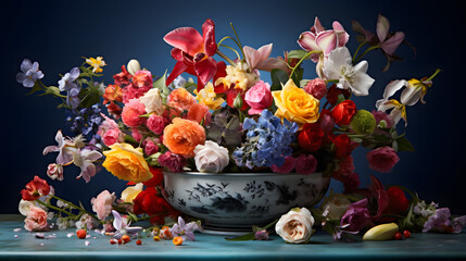 A bowl filled with lots of flowers on top of a table
