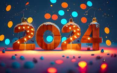 2024, New Year poster. Christmas background with wooden text.
