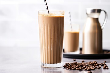 a coffee shake in a tall glass with a stainless steel straw