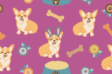 Seamless pattern with cartoon Corgi dog pattern and medals. Vector illustration on a pink background. 