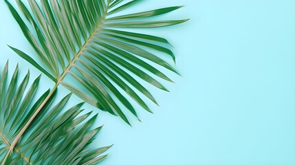 Obraz premium Copy Space with Palm Leaves on the corner isolated on Green Blue Background.