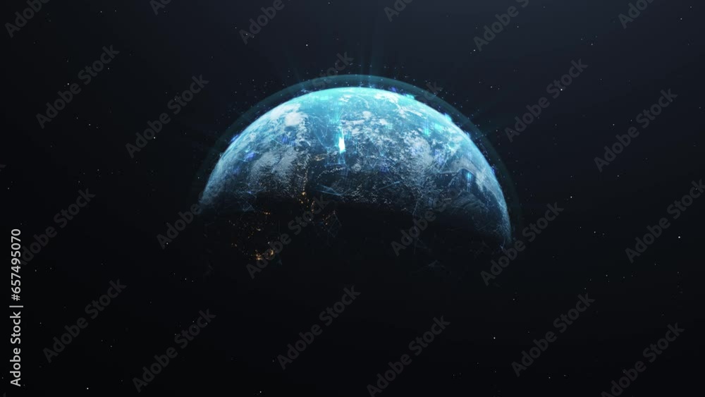 Poster zoom-out vista of half-shadowed earth with network of digital links connecting artificial satellites