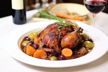 serving of coq au vin on a white plate
