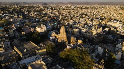 Majestic Architecture Of Shree Dwarkadhish Temple In Dwarka, Gujarat, India. Aerial Shot