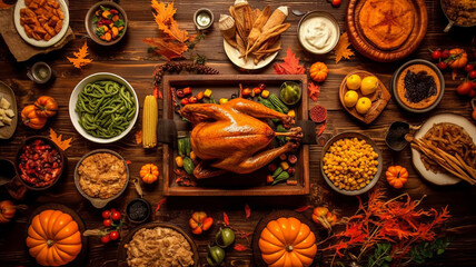 Thanksgiving dinner background with turkey and all sides dishes, pumpkin pie.generative ai