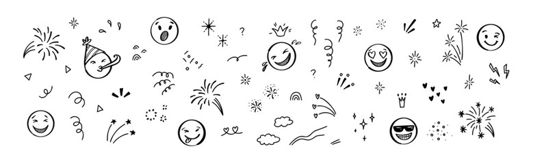 Set of sketch birthday celebration elements. Cute line doodle emoji, fireworks, sparks, rainbow, stars, confetti. Squiggle drawings. Vector illustration