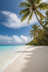 Amazing island beach. Tropical landscape of summer scenery, white sand with palm trees.