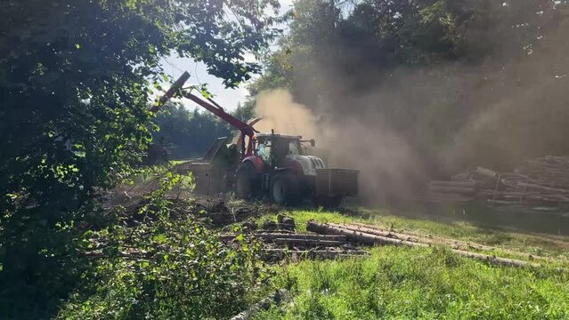 Farmer using heaving machinery to cut down and remove overgrown trees