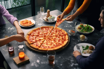 a person picking up pizza from platters of pasta