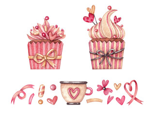 A set with cupcakes and different elements for Valentine's Day. Watercolor illustration. Holidays. Dessert. Food. Collection. Pink and yellow. Hearts. Cute. Handmade work. Art. Design.