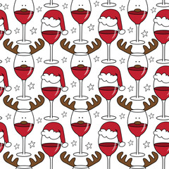 Christmas wineglass seamless pattern. Wine glass in reindeer antler, and santa hat. Good for textile print, wrapping and wall paper design.