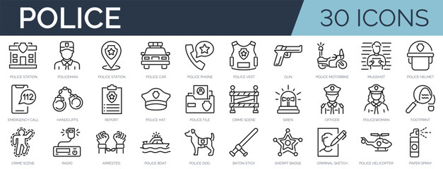 Set of 45 outline icons related to police. Linear icon collection. Editable stroke. Vector illustration