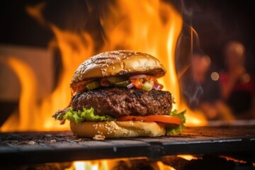 hand-crafted burger prepared on flaming grill