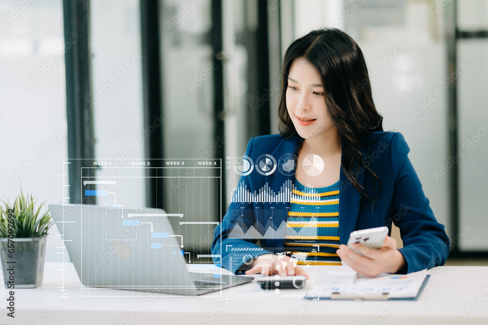 Poster businesswoman hand project manager working and update tasks and gantt chart scheduling virtual diagr