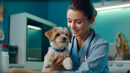 veterinarian examine dog during appointment in veterinary clinic. generative ai