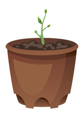 Flower growth stage in brown pot on white background.  illustration phase sprout of small flower