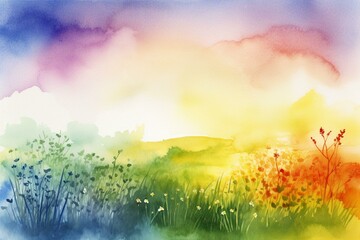 Watercolor painting of a colorful grass field with a white rainbow background. Generative AI