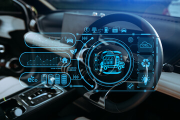  Energy EV car concept. people working and renewable energy worker interface. Concept of sustainability  business based on renewable .