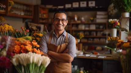 Flower shop man business owner smile at shop - obrazy, fototapety, plakaty